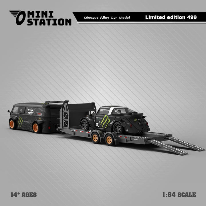 VW RWB T1 Van & VW BEETLE TARGA With Trailer in Monster Livery 1:64 by Mini Station On Trailer