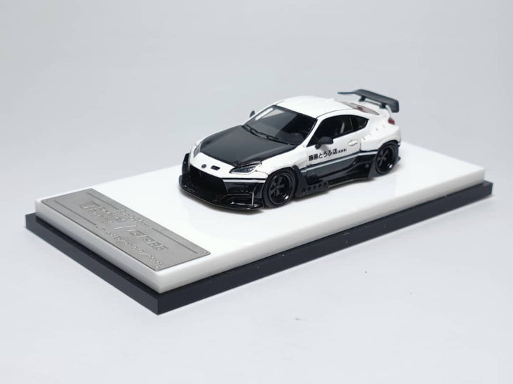 Toyota GR86 Rocket Bunny Resin Model FUJIWARA / SPOON / ADVAN 1:64 by Scale Mini White Angled Front