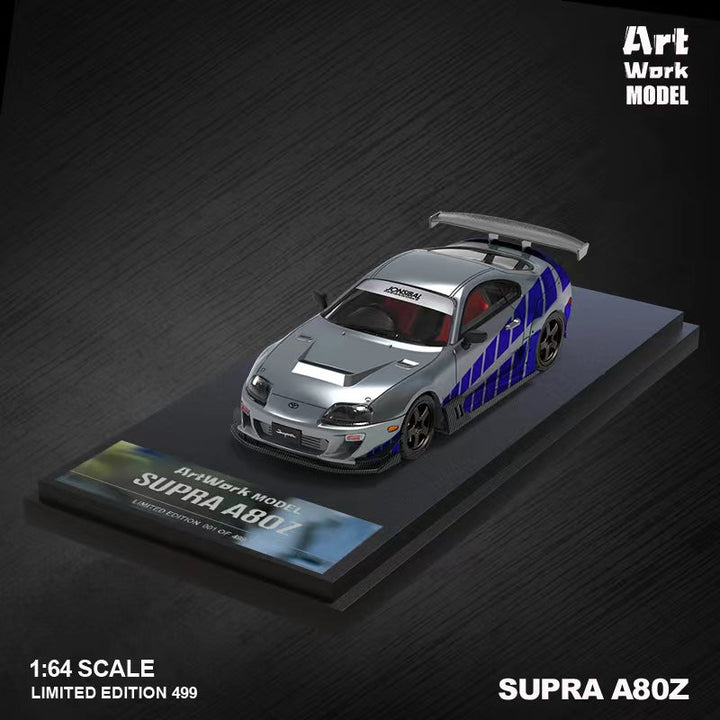 Toyota Supra A80 Fast & Furious Silver Blue Livery 1:64 by TimeMicro X ArtWork Angled Front View