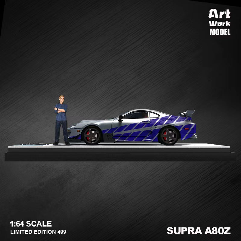 Toyota Supra A80 Fast & Furious Silver Blue Livery 1:64 by TimeMicro X ArtWork Side View with Figure