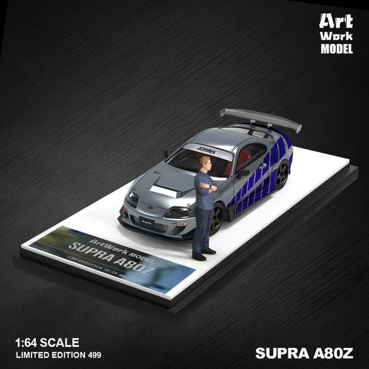 Toyota Supra A80 Fast & Furious Silver Blue Livery 1:64 by TimeMicro X ArtWork Angled Front with Figure