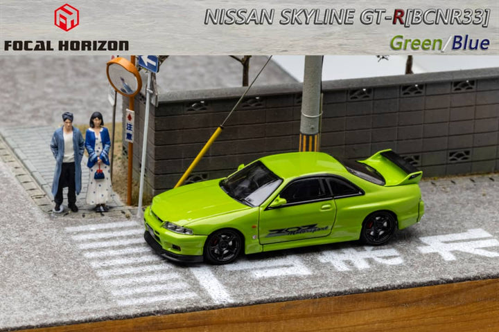 Nissan Skyline R33 GT-R 4TH Gen 400R GREEN / BLUE 1:64 by Focal Horizon Greem Scene Angle View