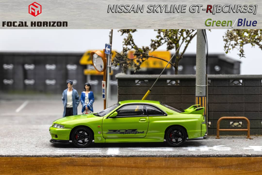 Nissan Skyline R33 GT-R 4TH Gen 400R GREEN / BLUE 1:64 by Focal Horizon Green Side View