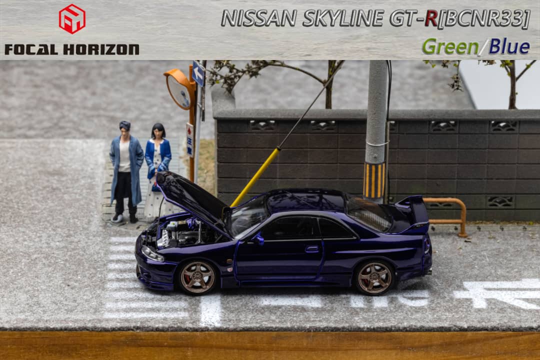 Nissan Skyline R33 GT-R 4TH Gen 400R GREEN / BLUE 1:64 by Focal Horizon Blue Open Hood