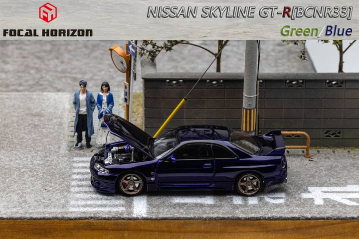 Nissan Skyline R33 GT-R 4TH Gen 400R GREEN / BLUE 1:64 by Focal Horizon Blue Open Hood