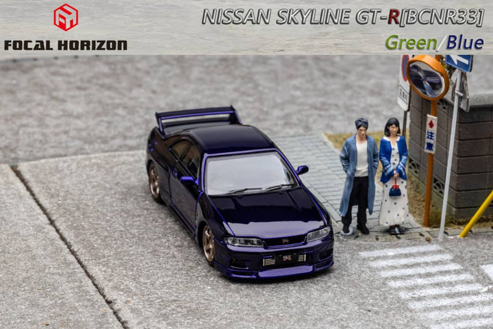 Nissan Skyline R33 GT-R 4TH Gen 400R GREEN / BLUE 1:64 by Focal Horizon Blue Front View