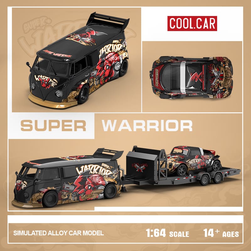 VW T1  RWB Van & VW BEETLE TARGA With Trailer in SUPER WARRIOR Livery SET 1:64 by Cool Car