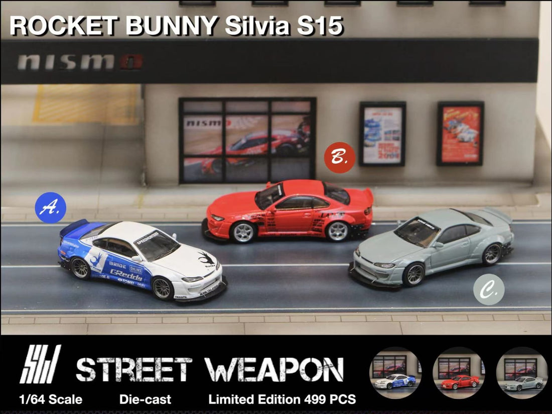 Nissan Silvia S15 Rocket Bunny BLUE WHITE / RED / CEMENT GREY 1:64 by Street Weapon Multi View