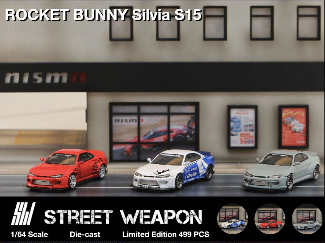 Nissan Silvia S15 Rocket Bunny BLUE WHITE / RED / CEMENT GREY 1:64 by Street Weapon