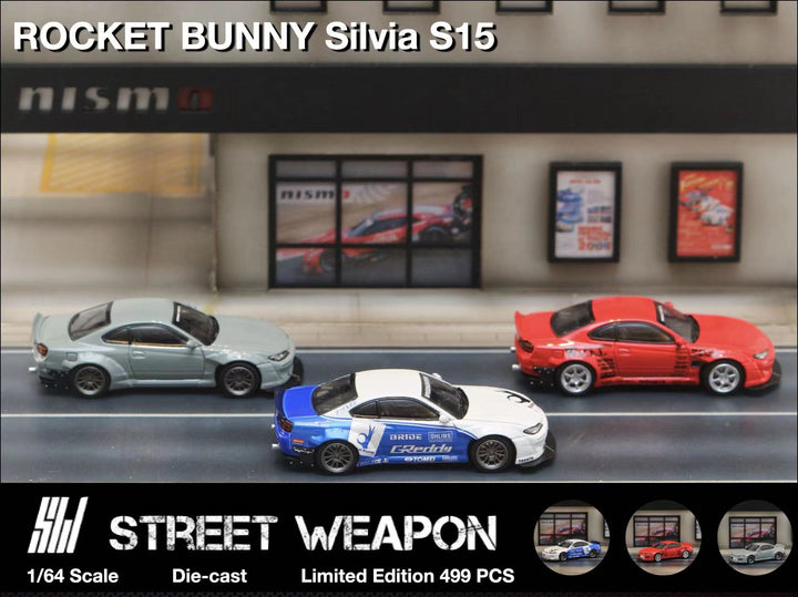 Nissan Silvia S15 Rocket Bunny BLUE WHITE / RED / CEMENT GREY 1:64 by Street Weapon Scene