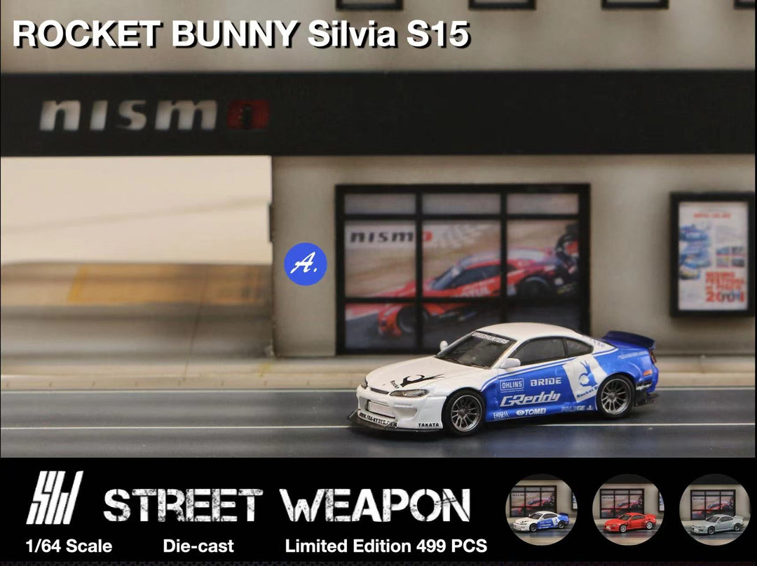 Nissan Silvia S15 Rocket Bunny BLUE WHITE / RED / CEMENT GREY 1:64 by Street Weapon Blue White