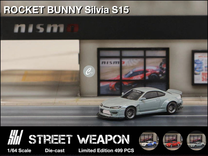 Nissan Silvia S15 Rocket Bunny BLUE WHITE / RED / CEMENT GREY 1:64 by Street Weapon Light Green