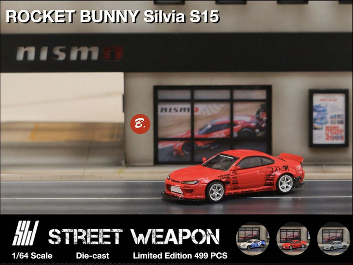 Nissan Silvia S15 Rocket Bunny BLUE WHITE / RED / CEMENT GREY 1:64 by Street Weapon Red