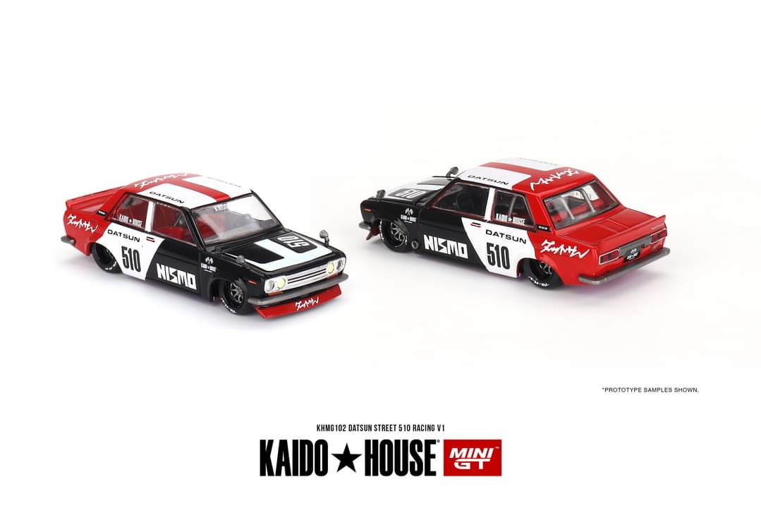 Datsun KAIDO 510 Sedan Racing V1 1:64 by Mini GT x Kaido House KHMG102 Front and Rear Views