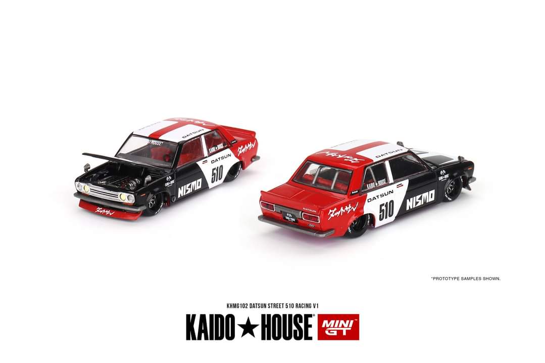 Datsun KAIDO 510 Sedan Racing V1 1:64 by Mini GT x Kaido House KHMG102 Front and Rear Views 2