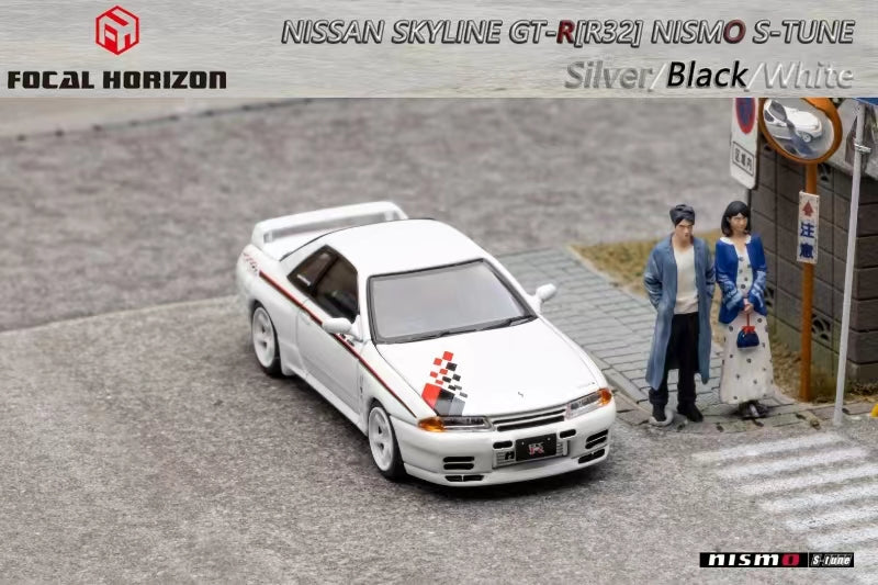 Nissan Skyline R32 GT-R 3rd Gen Nismo S-Tune White Nismo Livery 1:64 by Focal Horizon Scene Angled Front View