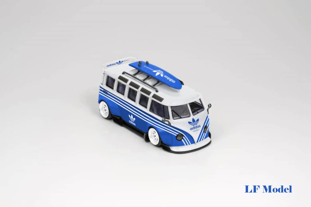 Volkswagen T1 Kombi with Surfboards Blue/White 1:64 by LF Model Front Right Angled View