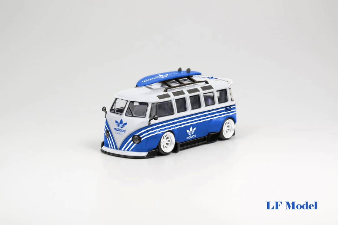 Volkswagen T1 Kombi with Surfboards Blue/White 1:64 by LF Model Front Angled View