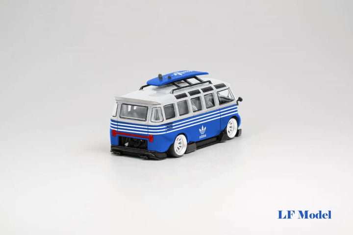 Volkswagen T1 Kombi with Surfboards Blue/White 1:64 by LF Model Rear Angled View