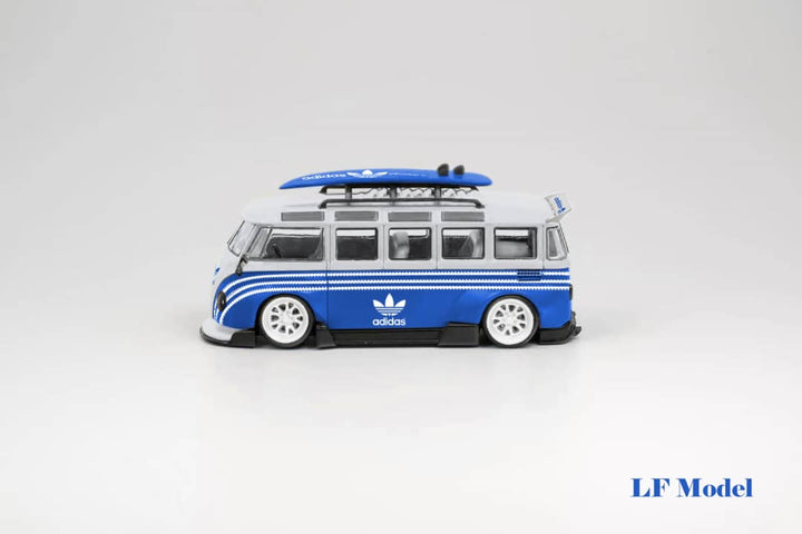 Volkswagen T1 Kombi with Surfboards Blue/White 1:64 by LF Model Side View