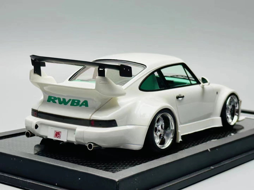 Porsche RWB 964 Slantnose White With Tiffany Green Interior Limited to 99 Pcs 1:18 Scale by VIP Passenger Angled Rear View