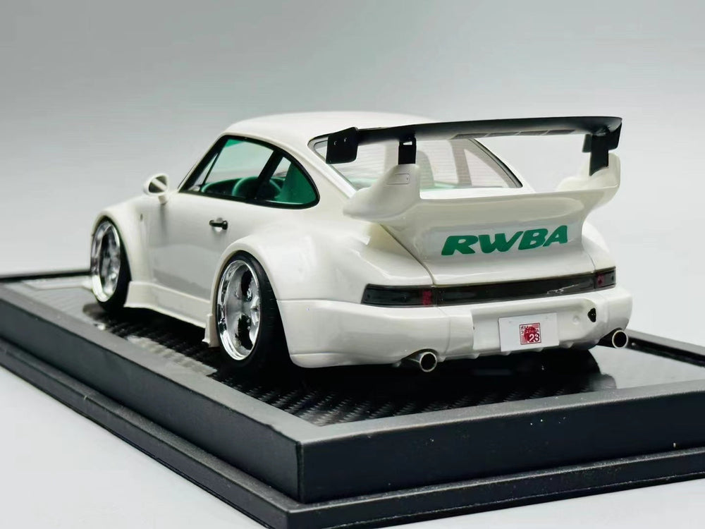 Porsche RWB 964 Slantnose White With Tiffany Green Interior Limited to 99 Pcs 1:18 Scale by VIP Angled Rear View