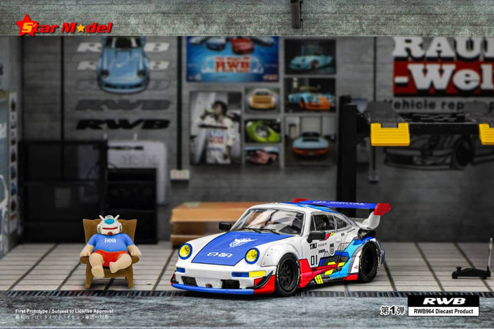 Porsche RWB 964 GT Wing Exia Robot #01 With Figure 1:64 by Star Model Scene Angled Front View