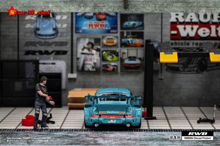 Porsche RWB 964 GT Wing Green Vaillant #10 Figure Version 1:64 by Star Model Scene Rear View