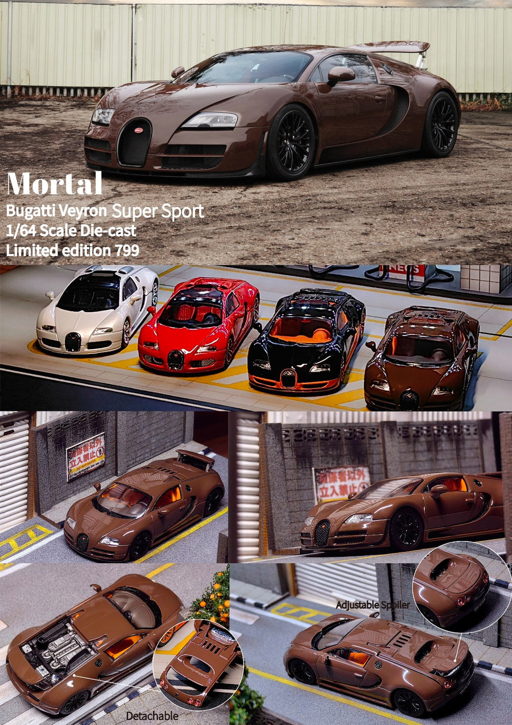 Bugatti Veyron Super Sport in Chocolate Brown With Adjustable Wing & Removable Rear Engine Cover 1:64 by Mortal Multi View