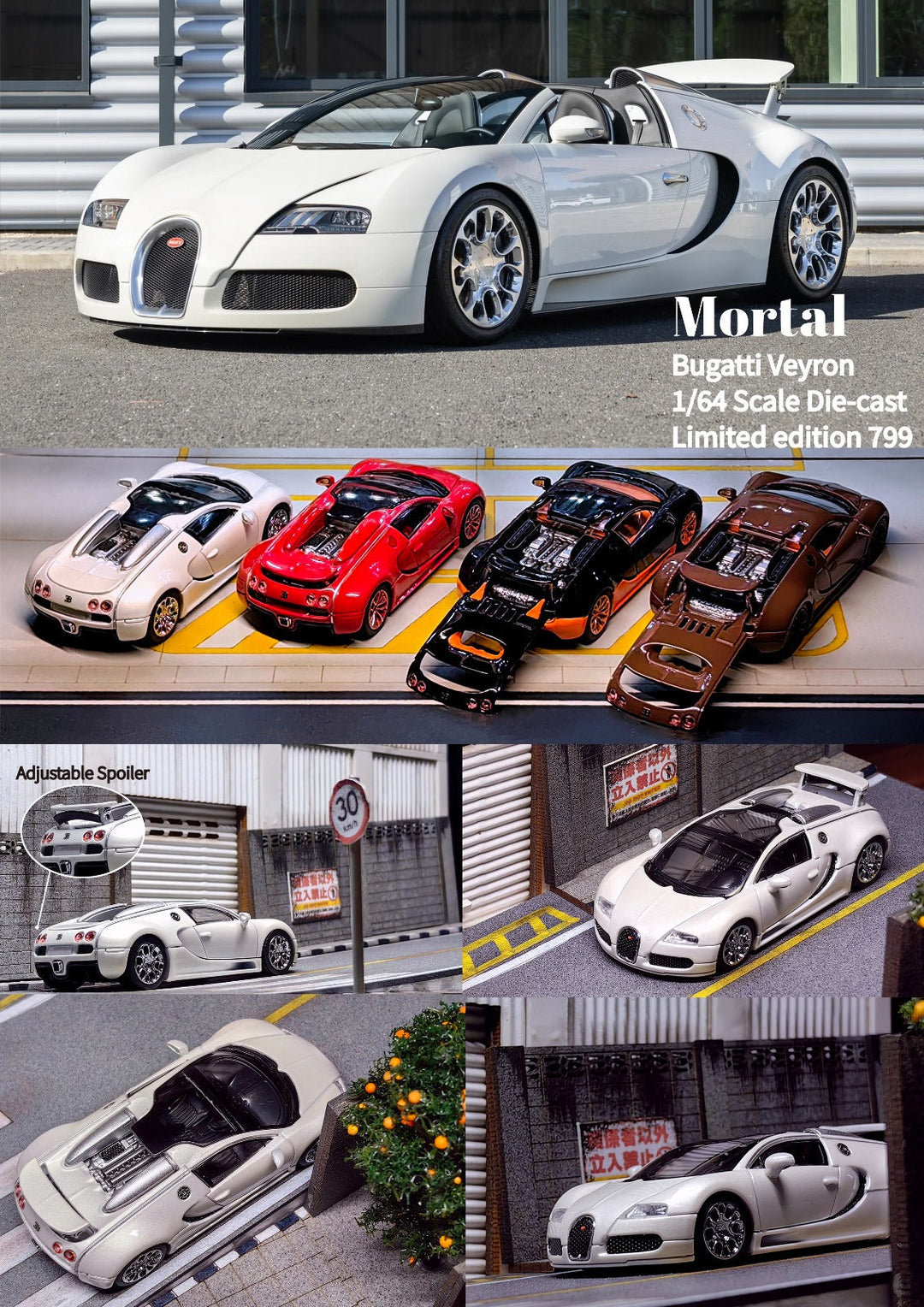 Bugatti Veyron in White With Adjustable Wing 1:64 by Mortal Multi View