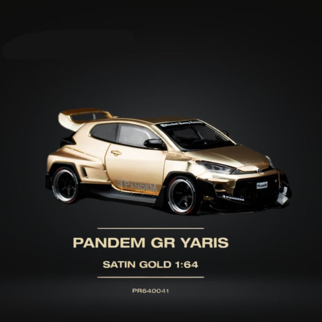 Toyota Yaris Pandem GR Satin Gold 1:64 by Pop Race PR6400041 Angled Passenger Side View