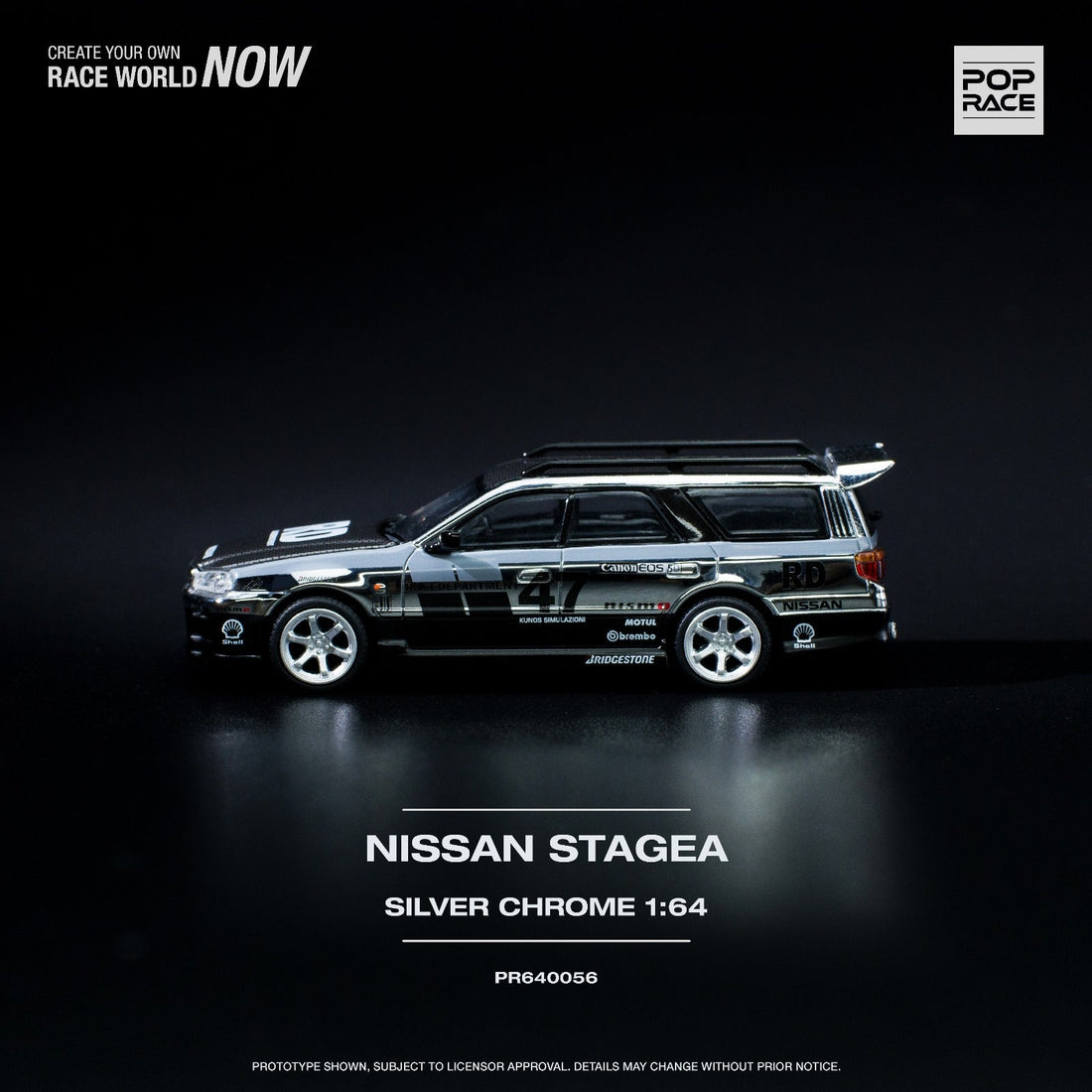 Nissan Stagea R34 Chrome Silver PR640056 1:64 by Pop Race Side View