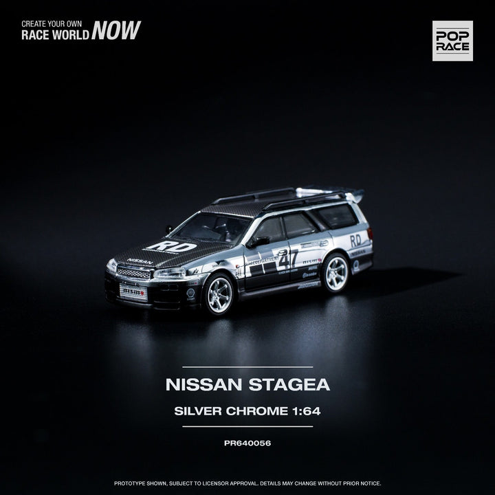 Nissan Stagea R34 Chrome Silver PR640056 1:64 by Pop Race Angled Front View