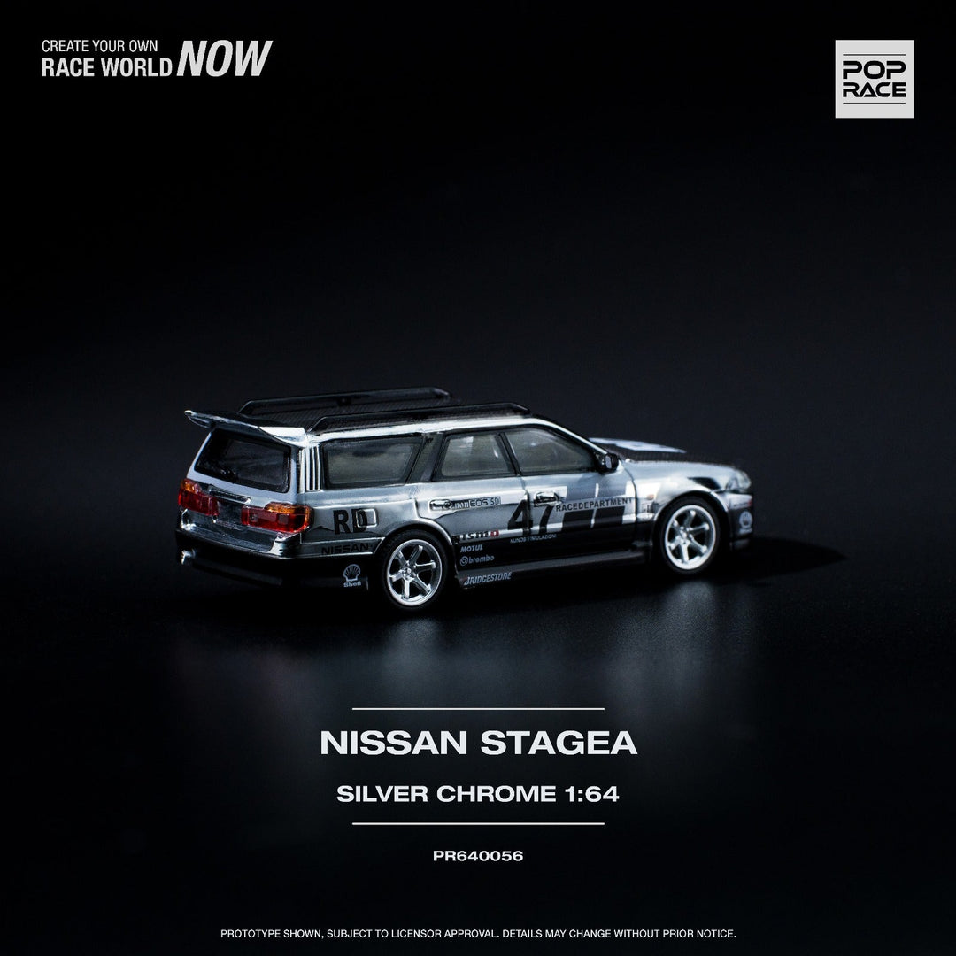 Nissan Stagea R34 Chrome Silver PR640056 1:64 by Pop Race Rear View