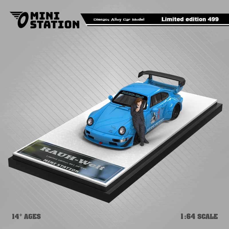 Porsche 911 964 RWB HIDEYOSHI blue Figure Version 1:64 by Mini Station Mounted Angle Front View