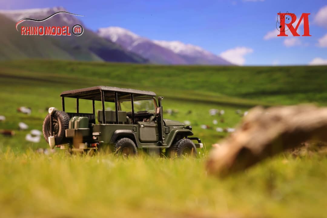 Toyota Land Cruiser FJ40 Pick Up Army Green 1:64 by Rhino Model Angled Rear Passenger View