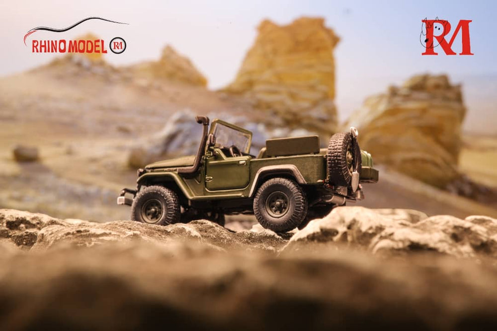 Toyota Land Cruiser FJ40 Pick Up Army Green 1:64 by Rhino Model Angled Driver Side View