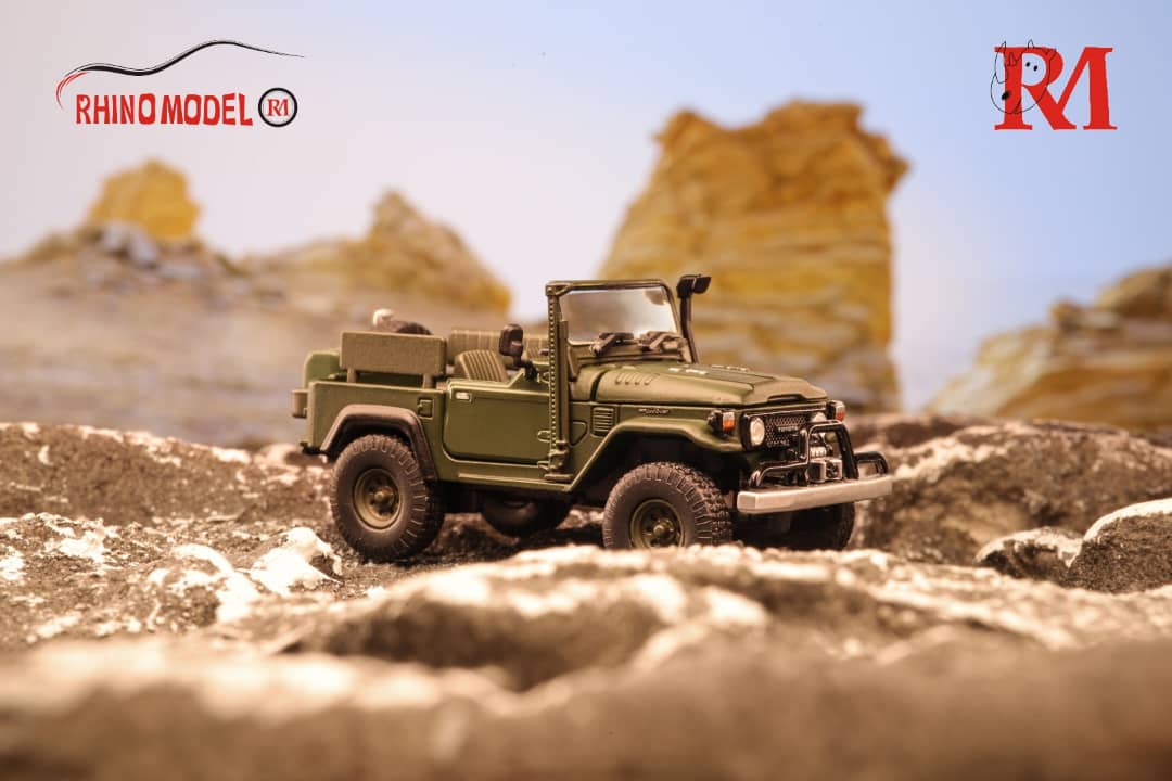 Toyota Land Cruiser FJ40 Pick Up Army Green 1:64 by Rhino Model Angled Passenger Side View