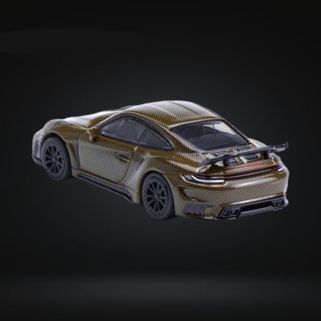 Porsche 992 Stinger GT-R Brown Carbon Edition PR640049 1:64 by Pop Race Angled Rear View