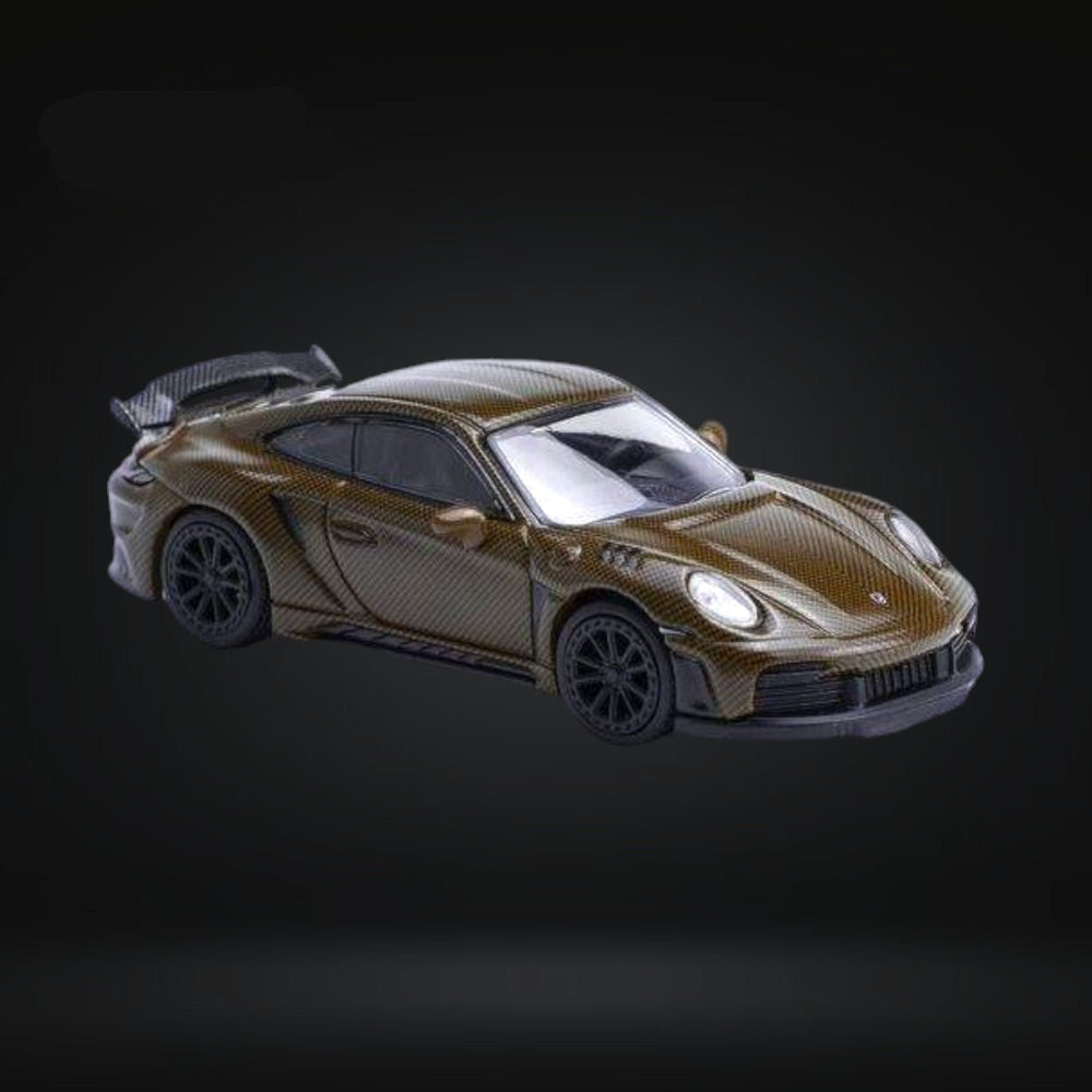 Porsche 992 Stinger GT-R Brown Carbon Edition PR640049 1:64 by Pop Race Angled Front View