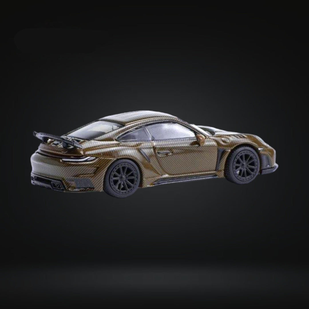 Porsche 992 Stinger GT-R Brown Carbon Edition PR640049 1:64 by Pop Race Angled Rear View