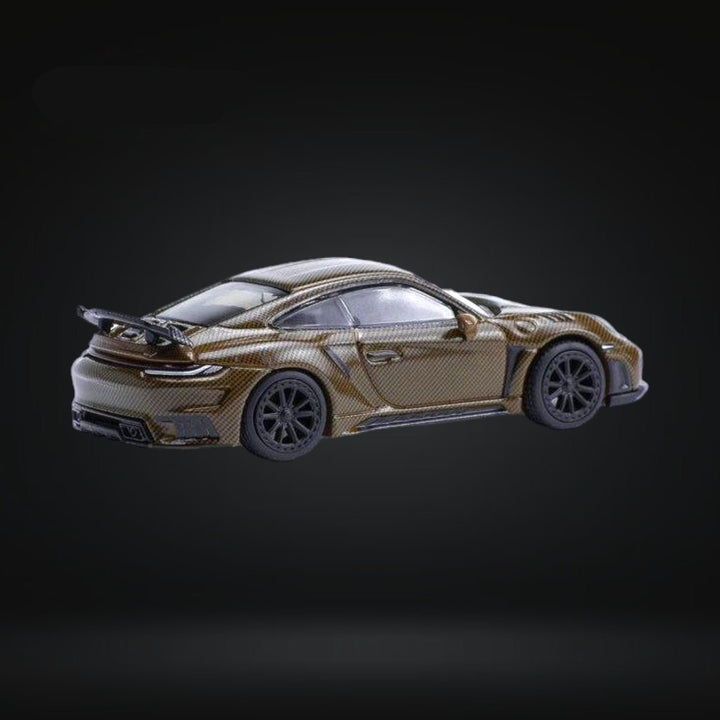 Porsche 992 Stinger GT-R Brown Carbon Edition PR640049 1:64 by Pop Race Angled Rear View