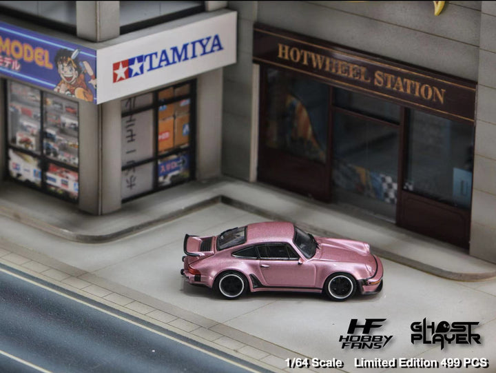 Porsche Singer 930 Turbo Study Ghost Player Custom Pink 1:64 by HobbyFans Scene Passenger Side View