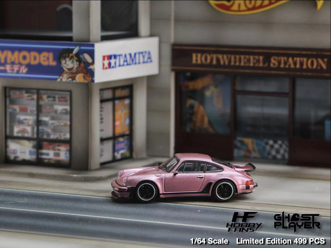 Porsche Singer 930 Turbo Study Ghost Player Custom Pink 1:64 by HobbyFans Scene Angled View