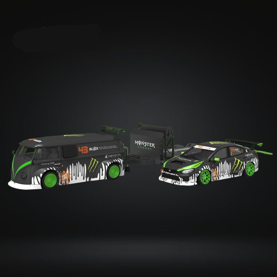 Volkswagen RWB T1 Bus Subaru WRX STI Trailer SET Monster Livery 1:64 by TimeMicro TM642920-T Side by Side