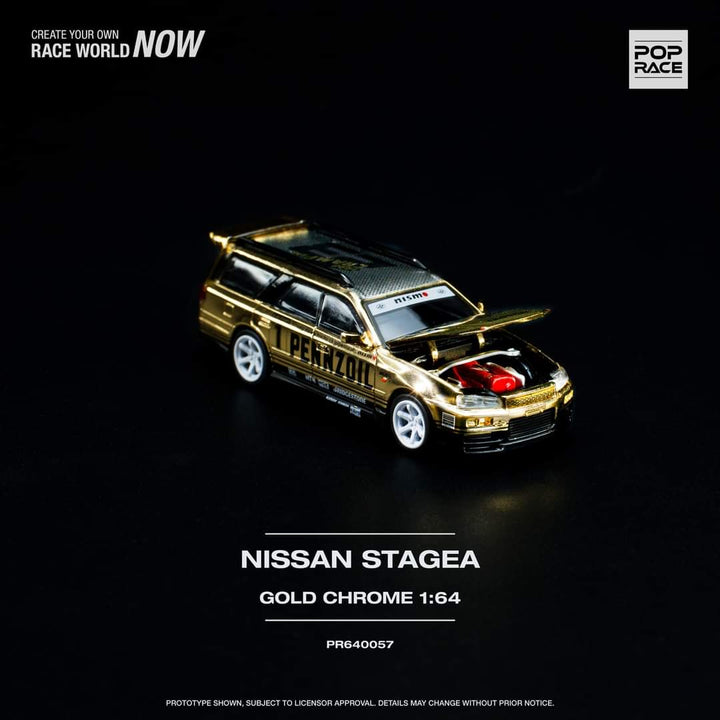 Nissan Stagea R34 Gold Chrome PR640057 1:64 by Pop Race Open Hood