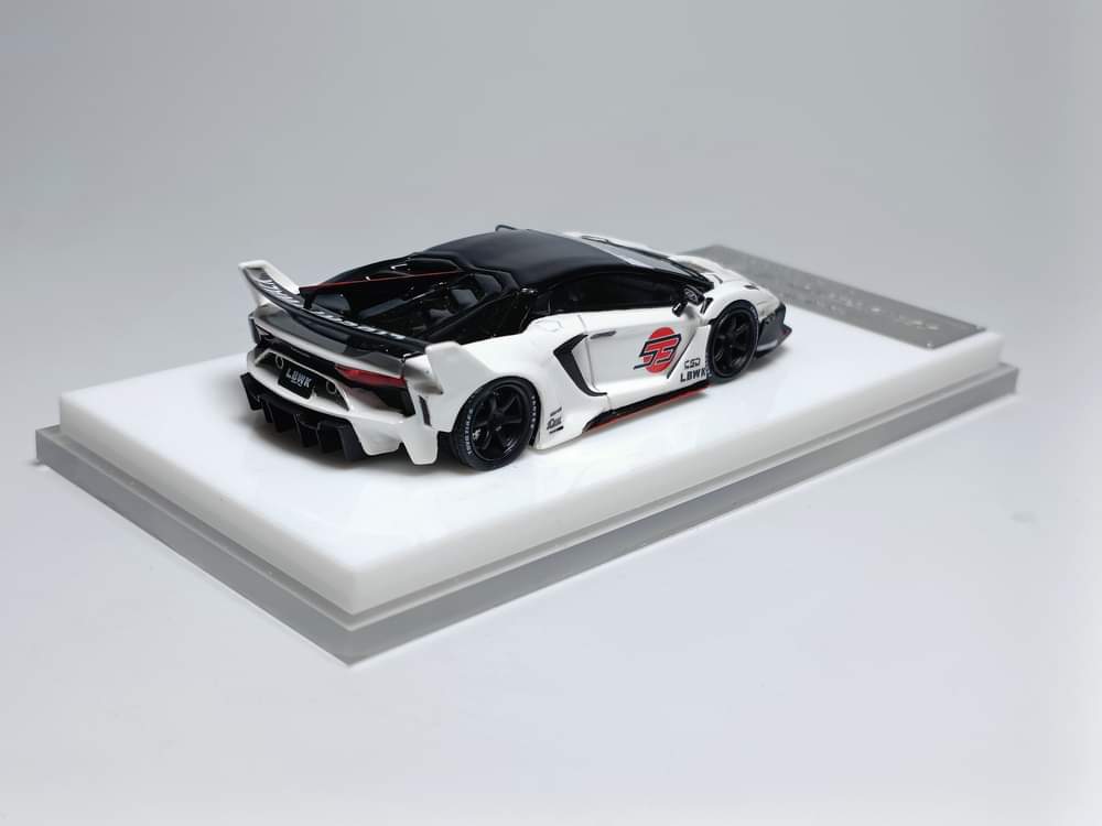 Lamborghini Aventador GT EVO LBWK LB-Silhouette Works in White 1:64 Resin by ScaleMini Rear Angled Mounted View