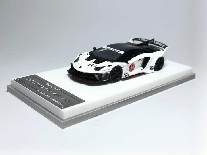 Lamborghini Aventador GT EVO LBWK LB-Silhouette Works in White 1:64 Resin by ScaleMini Mounted Angled Driver Front View 2