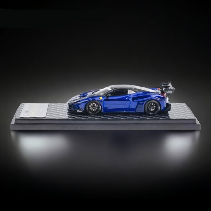 Ferrari 458 LBWK GT Resin Model Metallic Blue 1:64 by QIDIAN Mounted Side View