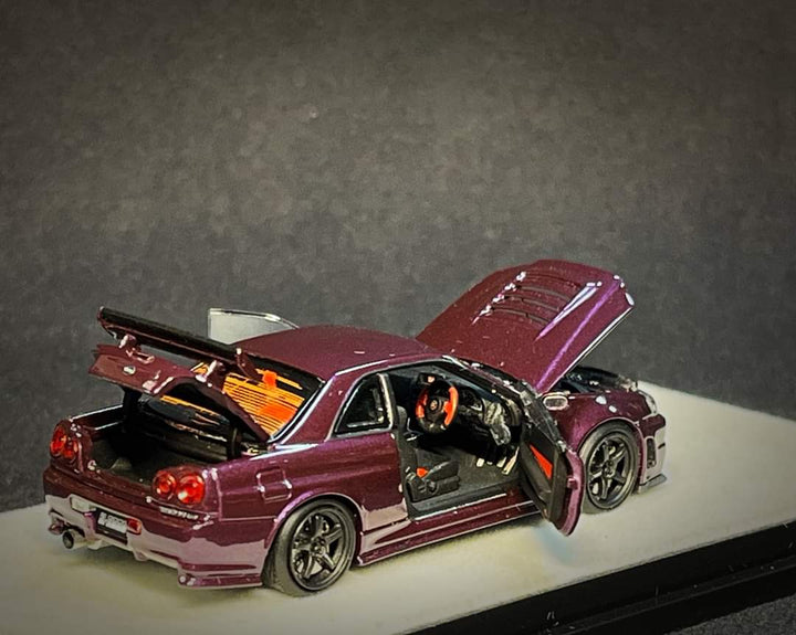 Nissan Skyline R34 Z-TUNE Midnight Purple Fully Openable With Engine Included Standard Base 1:64 by PGM-641003 Open Trunk